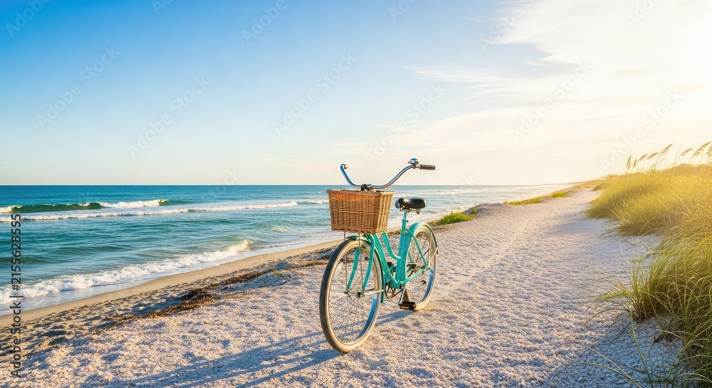 Fototapeta premium Vibrant coastal scene featuring a vintage bicycle moving along a sunlit shore path with sparkling blue ocean waves and warm summer light, sea, breeze, sunny