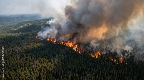 Obraz na płótnie Wildfire front advances through a smoke-filled forest canopy