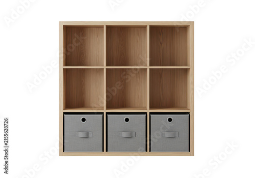 Wooden shelving unit with six compartments and storage bins.