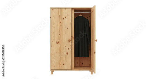 Wooden wardrobe with coat hanging inside.