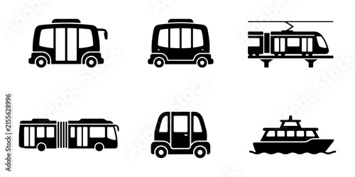 Public Transport Icons: Bus, Tram, Articulated Bus, Futuristic Pod, Ferry Collection
