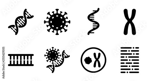 DNA Helix, Virus, Chromosome Icons Set: Genetics, Biology, Science Vector Graphics