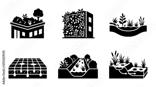 Green Roofs, Vertical Gardens, Urban Farming Icons: Sustainable Cityscape Elements