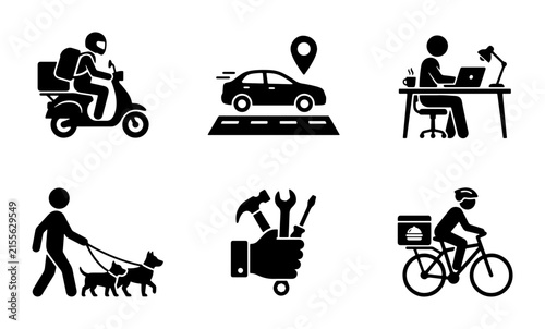 Delivery Scooter, Car Navigation, Office Work, Dog Walking, Tools, Bicycle Delivery Icons
