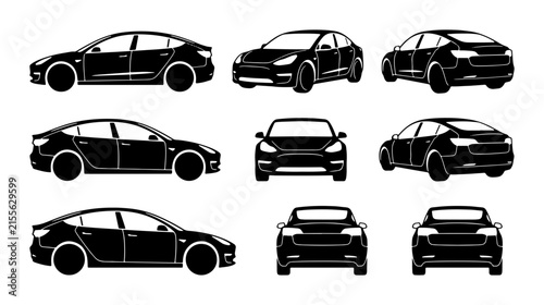 Modern Electric Sedan Icons, Multiple Views: Side, Front, Rear, Vector Set