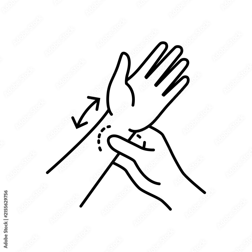 Obraz premium Minimalist line icon showing hands massaging and stretching wrists for strain relief.