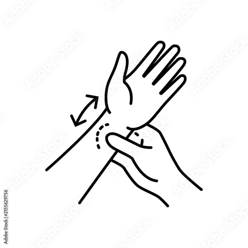 Minimalist line icon showing hands massaging and stretching wrists for strain relief.