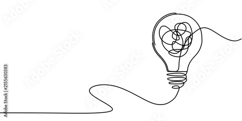 One line light bulb with tangled line, minimalist continuous line drawing, complex thinking and confusion concept