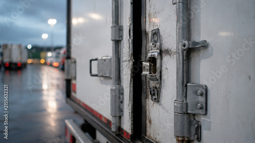 Damaged cargo truck door lock after theft at logistics parking area