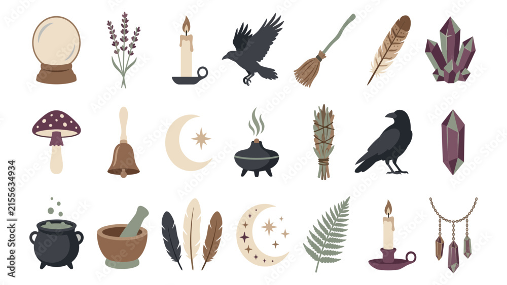 Obraz premium Mystical Symbols Vector Set with Crystals Ravens and Candles for Esoteric Concepts