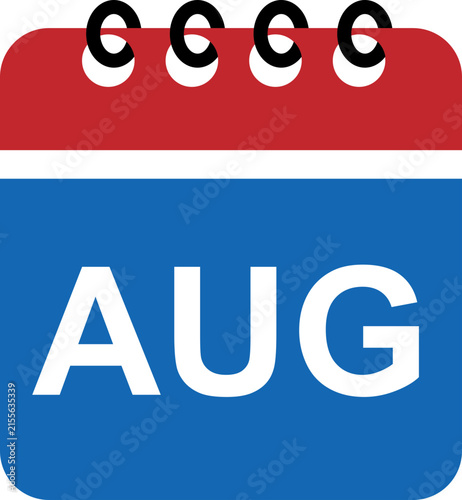 August calendar month icon. Red and blue flat vector illustration for spiral planner organizer app page, schedule event, business deadline reminder, timeline agenda and new year time management.