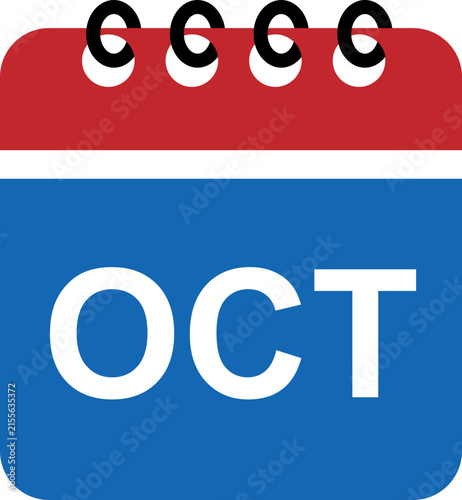 October calendar month icon. Red and blue flat vector illustration for spiral planner organizer app page, schedule event, business deadline reminder, timeline agenda and new year time management.