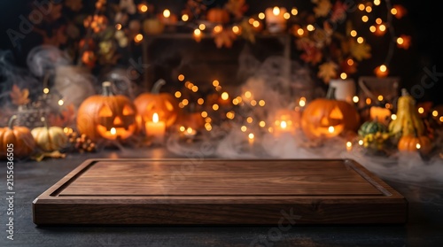 Rustic wooden cutting board product display, spooky Halloween background with glowing jack-o-lantern pumpkins, autumn holiday food presentation template