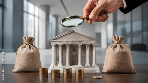 Hand holding a magnifying glass above a miniature bank building between two tied money bags and stacks of coins, financial investigation and anti-money laundering compliance concept