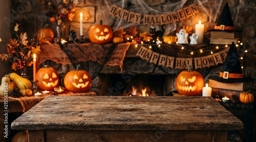 Rustic wooden table background with Halloween decorations, spooky fireplace mantel with carved pumpkins and candles