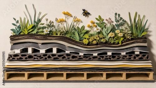 Cross Section Diorama of a Layered Green Roof Habitat