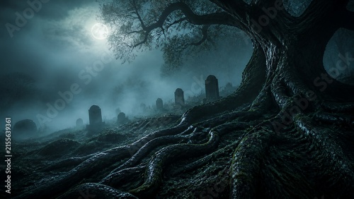 Twisted Tree Roots Beside Moonlit Cemetery Stones