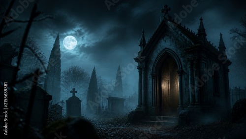 Gothic Mausoleum In A Foggy Moonlit Cemetery