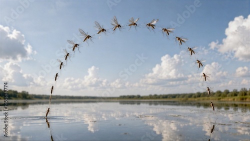 Time Lapse Composite Of A Mosquito Flight Path Over A Calm Lake