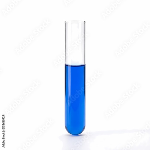Glass test tube filled with vibrant blue liquid solution isolated on a plain white background for science and chemistry research.