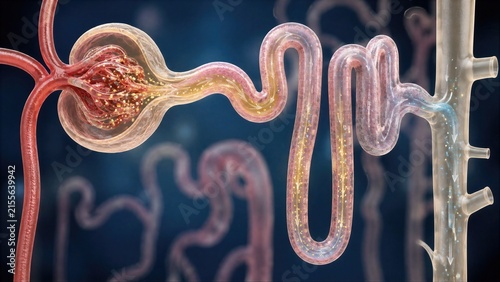 Microscopic 3D Illustration of Nephron Filtration Flow and Tubules