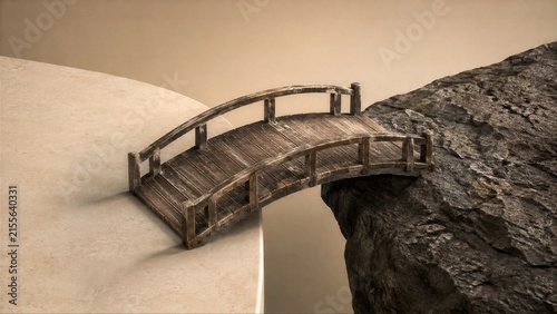 Miniature Wooden Bridge Connecting Smooth Stone and Rough Rock