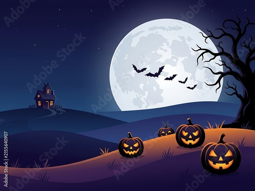Halloween Night Background with Pumpkins, Moon, Bats and Spooky Tree Silhouettes, Dark Autumn Holiday Illustration in Orange and Black for October Celebration Design