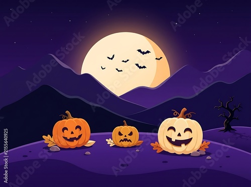 Spooky Halloween Night Background with Pumpkin, Full Moon, Bats and Haunted Tree Silhouettes, Dark Autumn Horror Cartoon Illustration for October Holiday Celebration