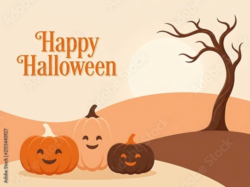 Halloween Pumpkin Night Background with Spooky Bat, Orange Moon, Autumn Trees and Scary Cartoon Silhouettes for a Creepy October Holiday Celebration Card Design