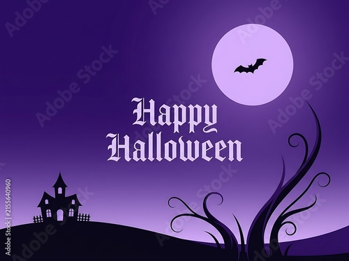 Spooky Halloween Night: A hauntingly beautiful scene depicts a silhouette of a haunted house, gnarled tree branches, and a bat flying under a full moon.