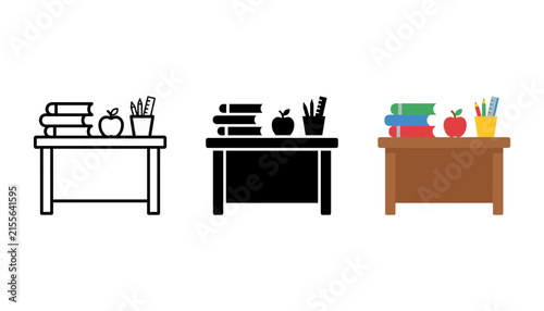 Three simple school desks with stationery items on clean surfaces