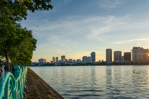 Sunset Skyline and Waterfront Promenade at West Lake in Hanoi, Vietnam