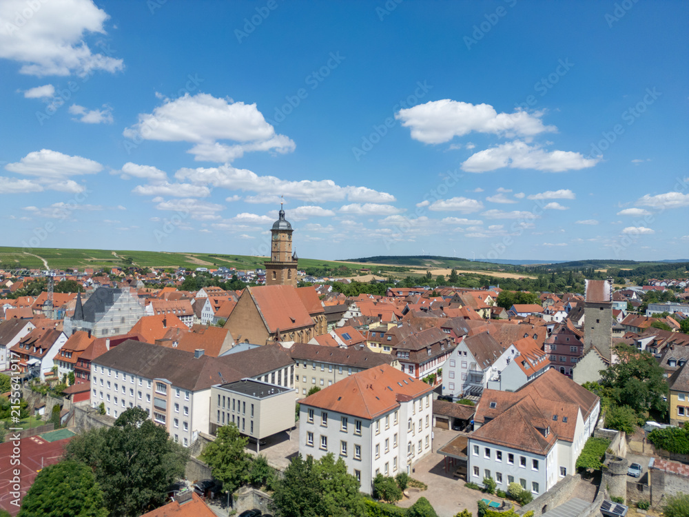 Obraz premium Aerial View of Volkach Historic Old Town in Franconia, Bavaria, Germany