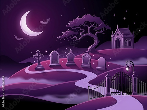 Spooky Halloween Cemetery Landscape with Gravestones Crypt Crescent Moon and Gate Vector Background