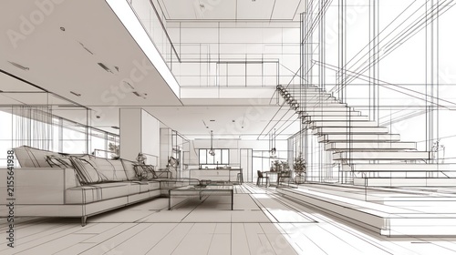 Modern architectural sketch of a spacious multi level house interior with a staircase and living area