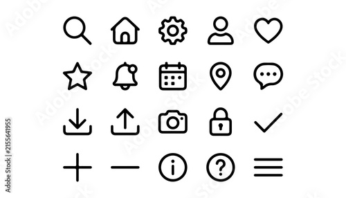 Universal Icon Bundle Featuring Search, Home, Settings, User, Heart, Star, Bell, Calendar, Location, Chat, Download, Upload, Camer