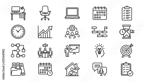 Workplace Productivity Icons Set Featuring Office Desk, Laptop, Calendar, Checklist, Meeting, and Workflow Symbols