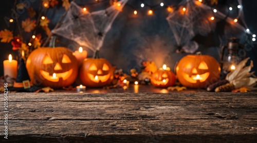 Rustic wooden table with Halloween background, spooky carved pumpkins and glowing candles, festive autumn holiday display