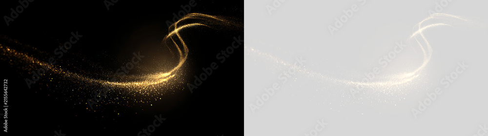 Naklejka premium Golden light trail with sparkling dust particles. Swirling glowing wave effect on black and transparent background. Magic stardust overlay element