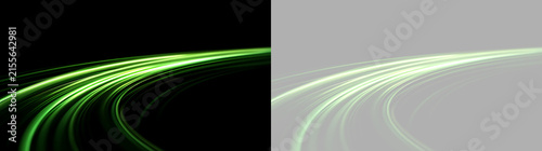 Foto Glowing green light trail curving on black and transparent backgrounds