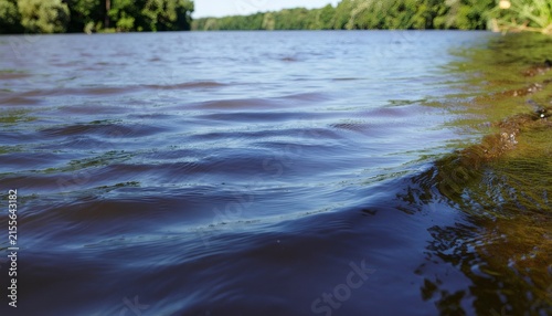 River water ripples flowing with green shore background