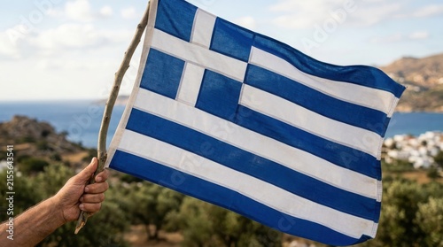 Greece National Flag Held Upright, Realistic Fabric Texture, Official Symbol and Colors