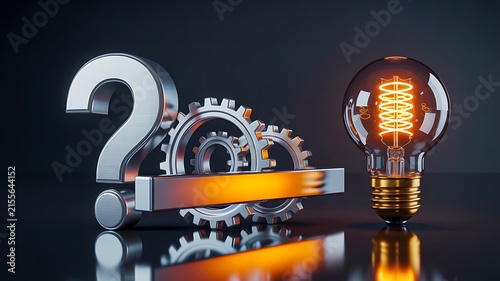  Business innovation concept with gears, question mark and glowing light bulb
