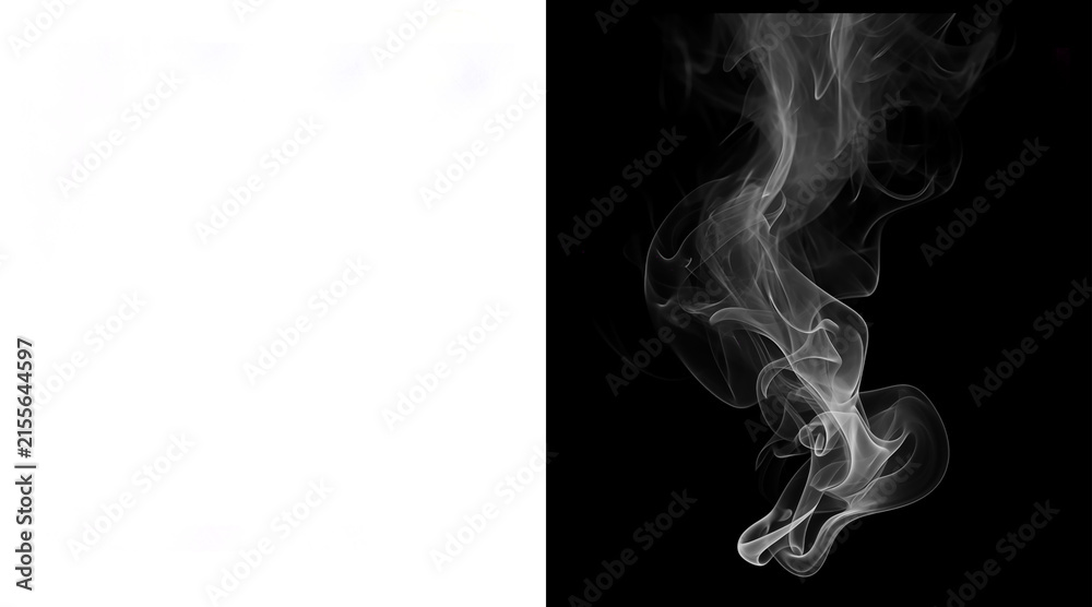 Fototapeta premium Ethereal white smoke plume on black background, wispy steam vapor trail, realistic cigarette smoke effect, atmospheric mist texture