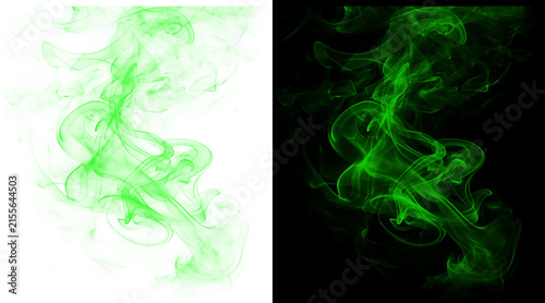 Green smoke abstract swirls on black and white backgrounds, toxic vapor clouds, ethereal neon mist textures for design overlays