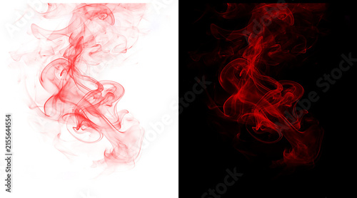 Red smoke swirls on black and white backgrounds. Abstract crimson vapor trails, ethereal fire mist textures for creative overlays.