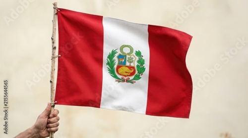 Peru National Flag Held Upright, Realistic Fabric Texture, Official Symbol and Colors