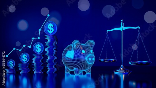  Financial savings concept with piggy bank, dollar symbols and balance scale