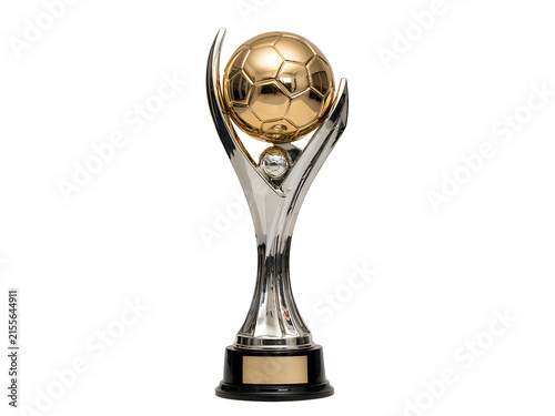 Golden soccer trophy with pentagonal panels and silver base isolated on transparent background
