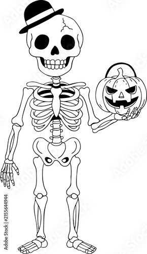Cute smiling skeleton outline line art illustration with hat holding a pumpkin for Halloween coloring book